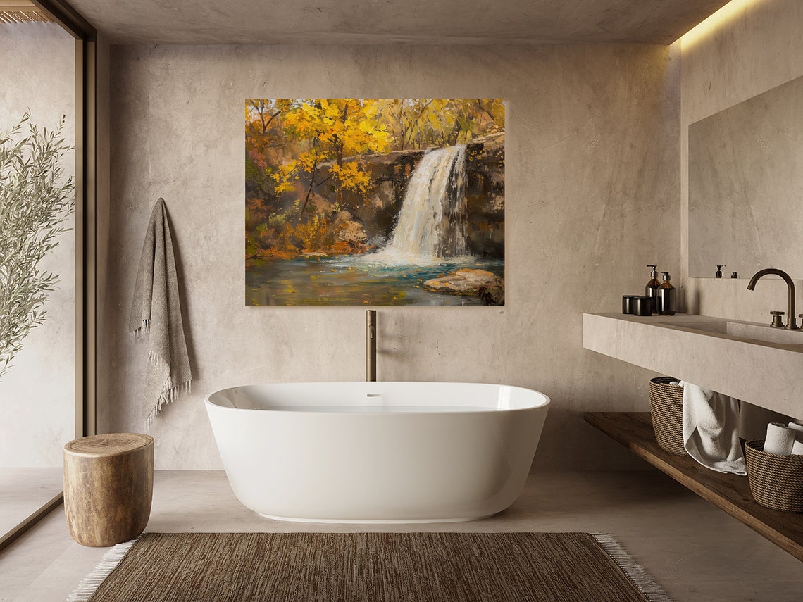 Autumn Waterfall Golden Fall Foliage Impasto Forest Landscape Poster - Image 3