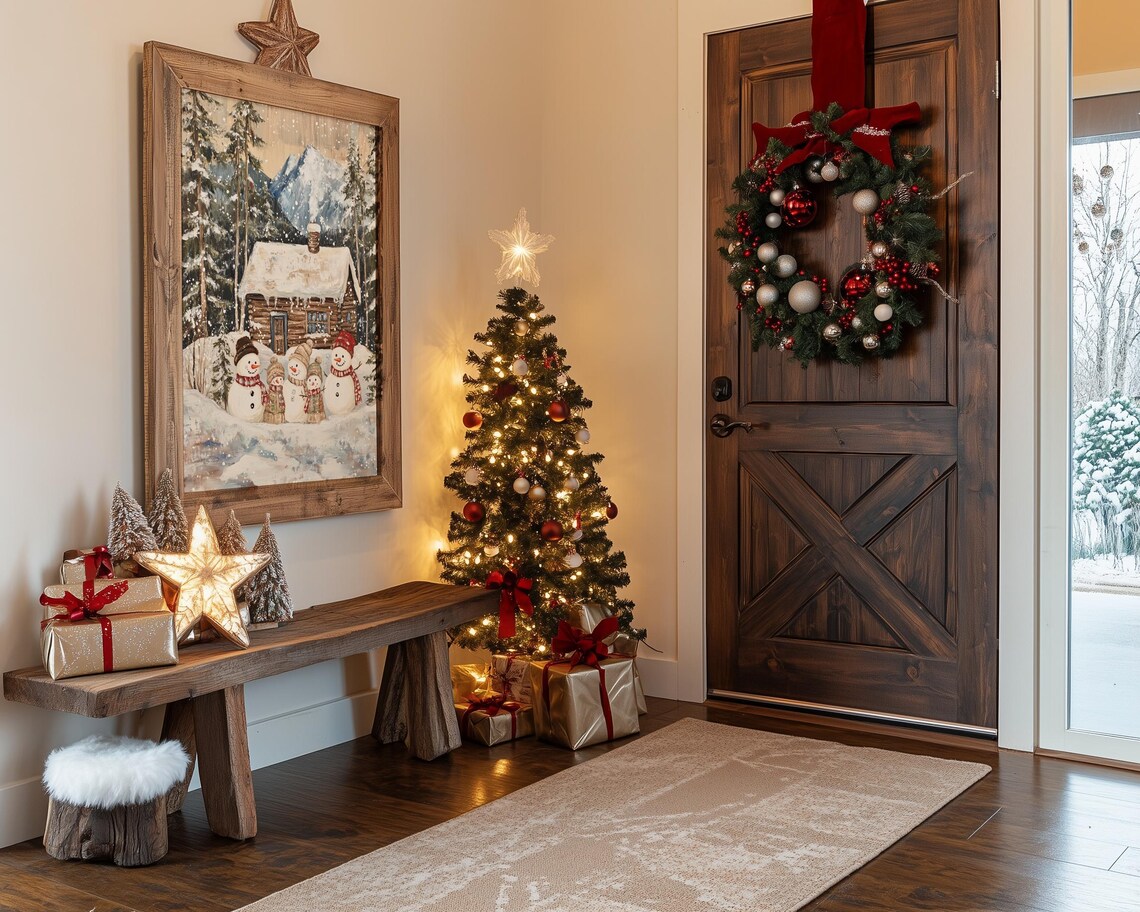 Winter Cabin Snowman Family Art Print, Holiday Landscape - Image 3