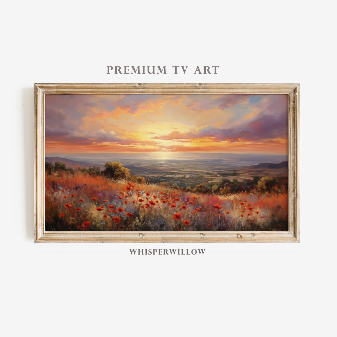 Fiery Sunset Valley Red Poppy Field Dramatic Sky Landscape Poster