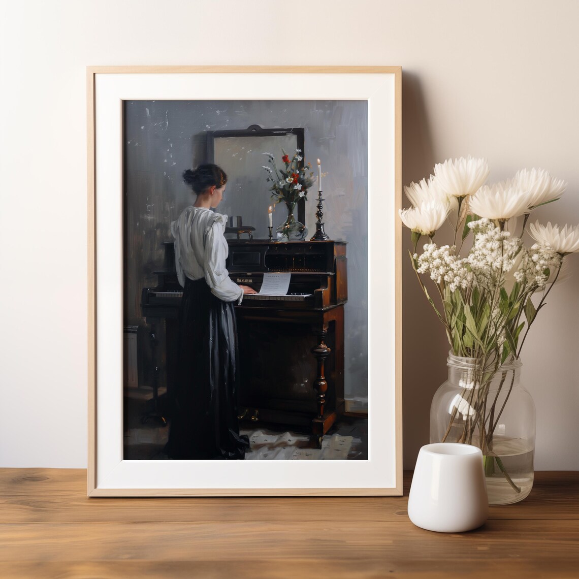 Woman Playing Vintage Piano With Candles Romantic Oil Painting Poster - Image 5