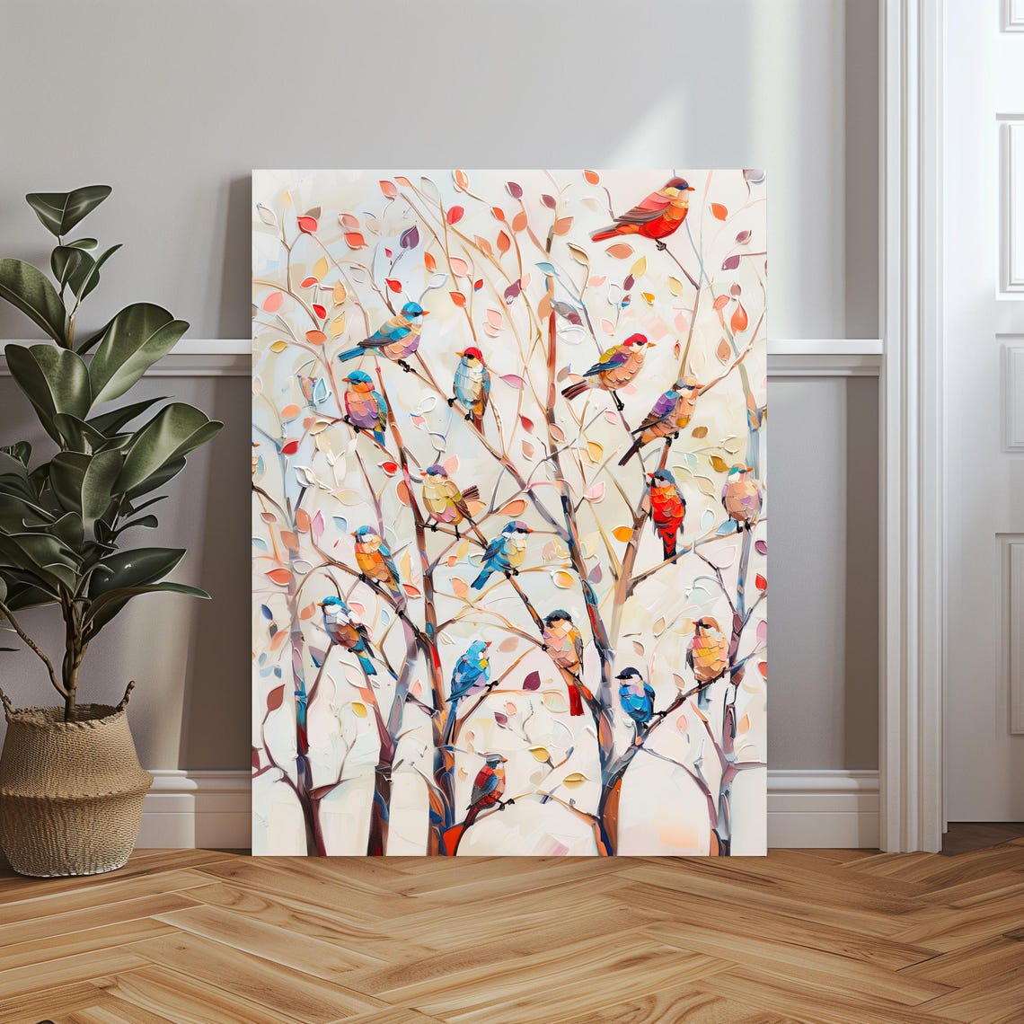 Colorful Birds Perched on Bare Branches Textured Oil Painting Poster - Image 3