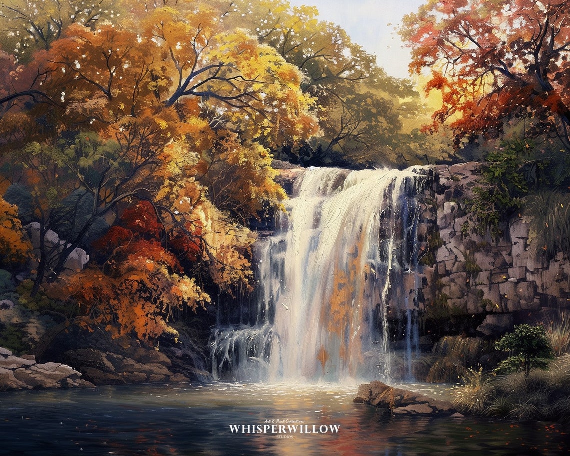 Autumn Waterfall Scene with Vibrant Fall Foliage Oil Painting Poster - Image 6