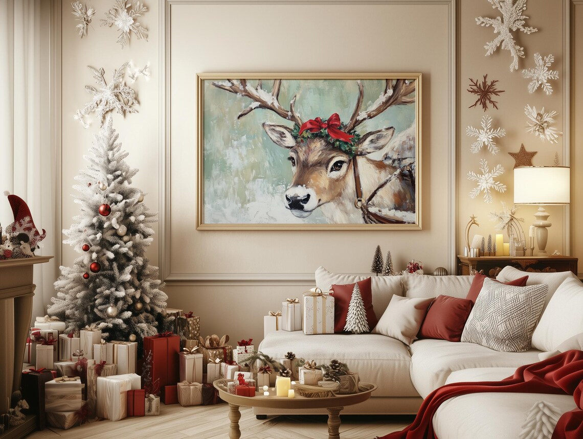 Reindeer Portrait with Red Bow Wreath Snowy Christmas Painting Poster - Image 5