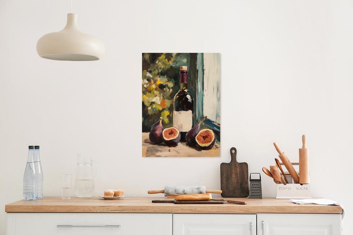 Red Wine Bottle with Fresh Figs Still Life Vintage Painting Poster - Image 2