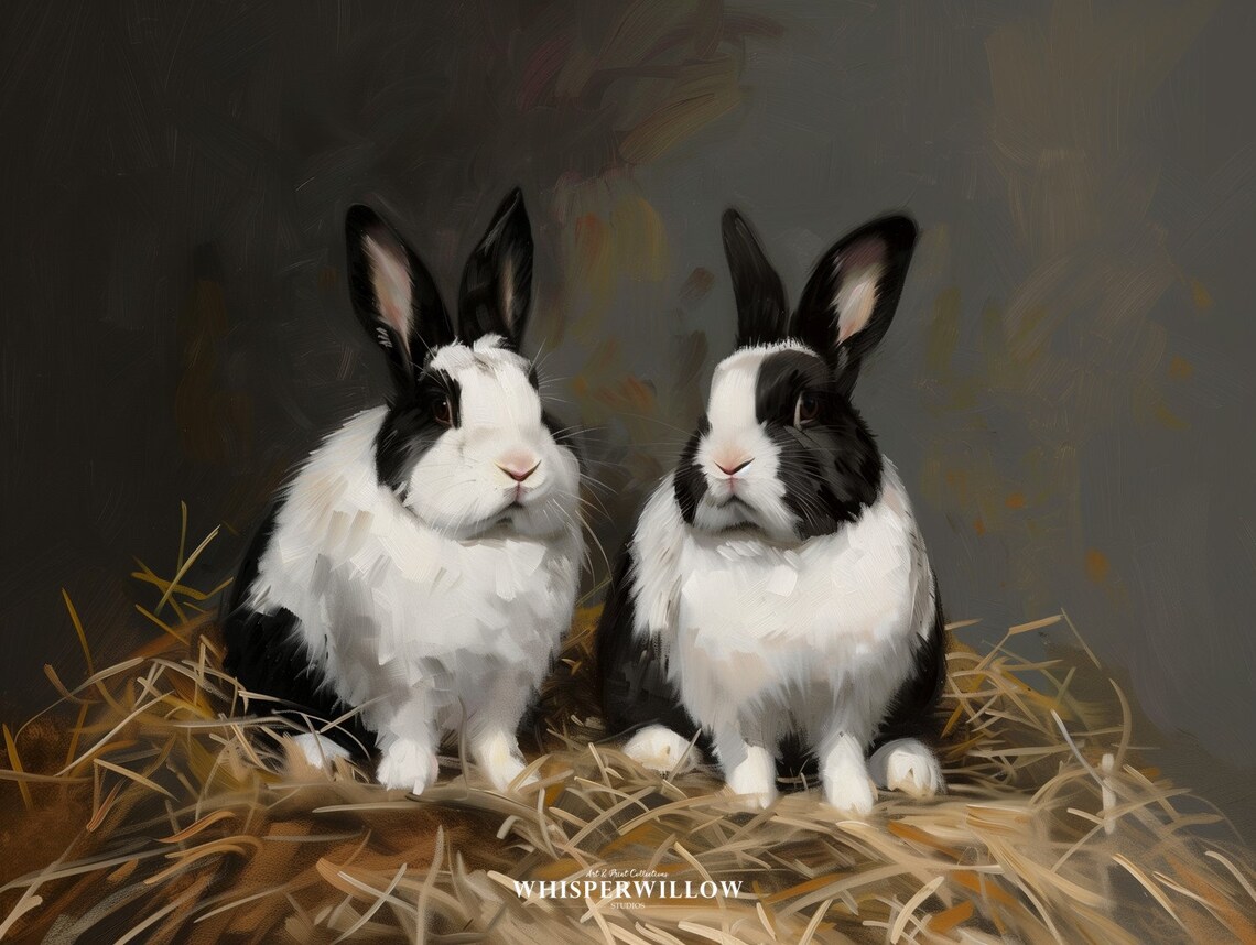 Two Dutch Rabbits in Straw Vintage Black and White Bunny Poster - Image 6