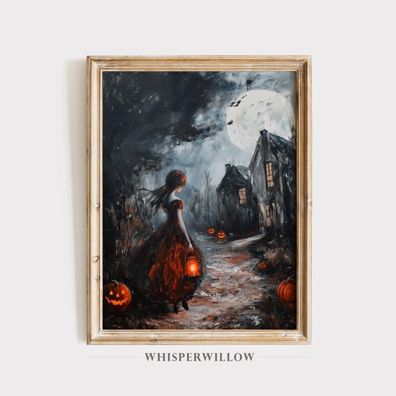Haunted Night Walk Girl Lantern Pumpkins Halloween Painting Poster