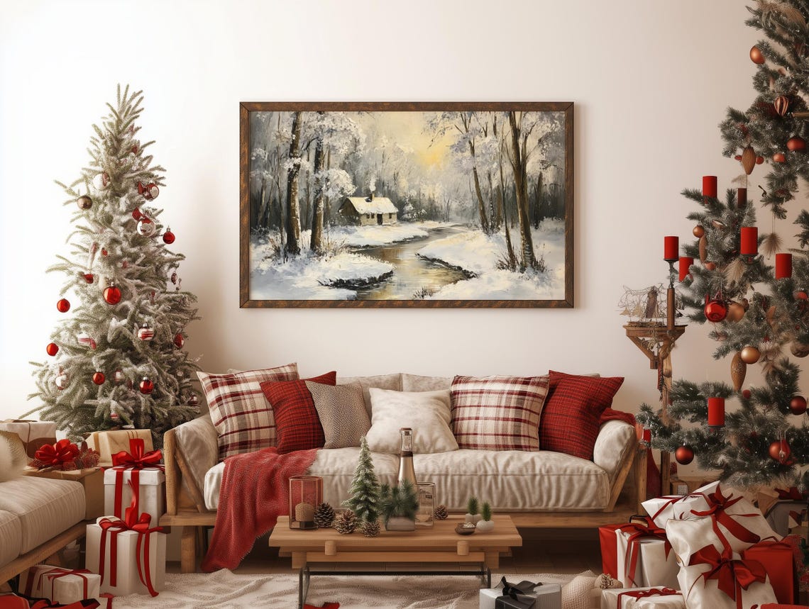 Cozy Snowy Log Cabin in Winter Forest with Winding Stream Poster - Image 5