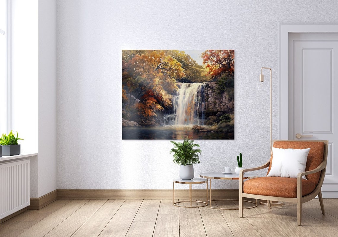 Autumn Waterfall Scene with Vibrant Fall Foliage Oil Painting Poster - Image 3