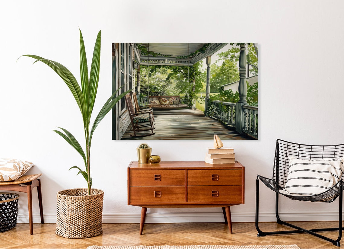 Charming Sunlit Farmhouse Front Porch with Rocking Chair Poster - Image 2