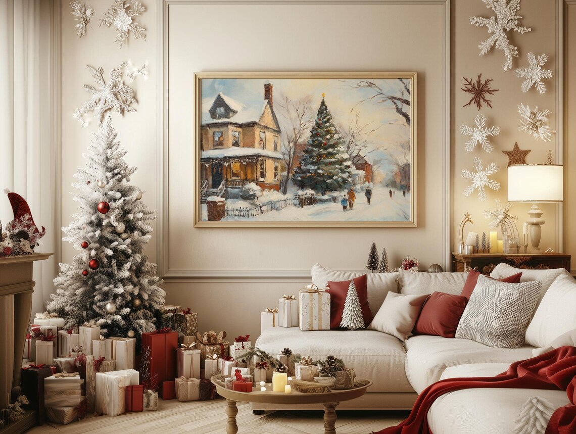 Victorian House with Glowing Christmas Tree on Snowy Street Poster - Image 4