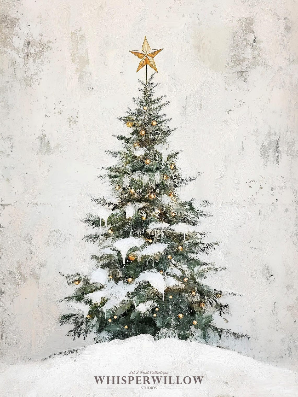 Snowy Christmas Tree Gold Star Topper Twinkle Lights Minimalist Poster - Image 6
