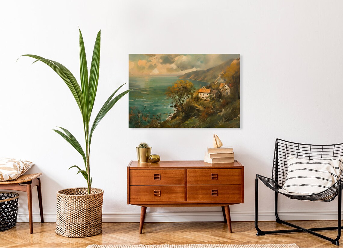 Sunset Over Mediterranean Seaside Village Vintage Oil Painting Poster - Image 3