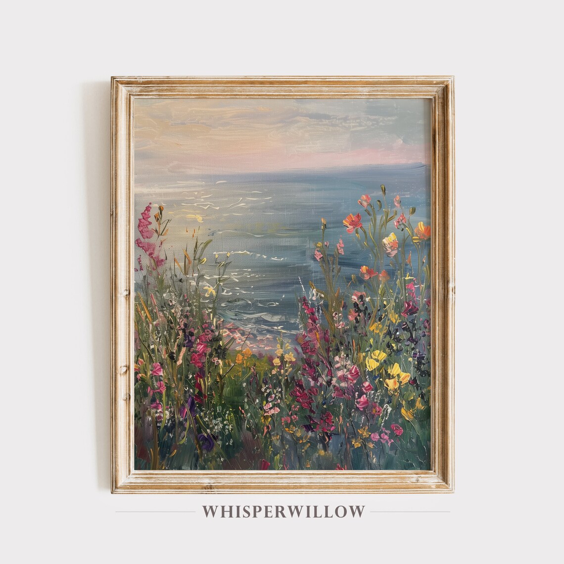 Colorful Wildflowers Overlooking the Sea at Sunset Painting Poster