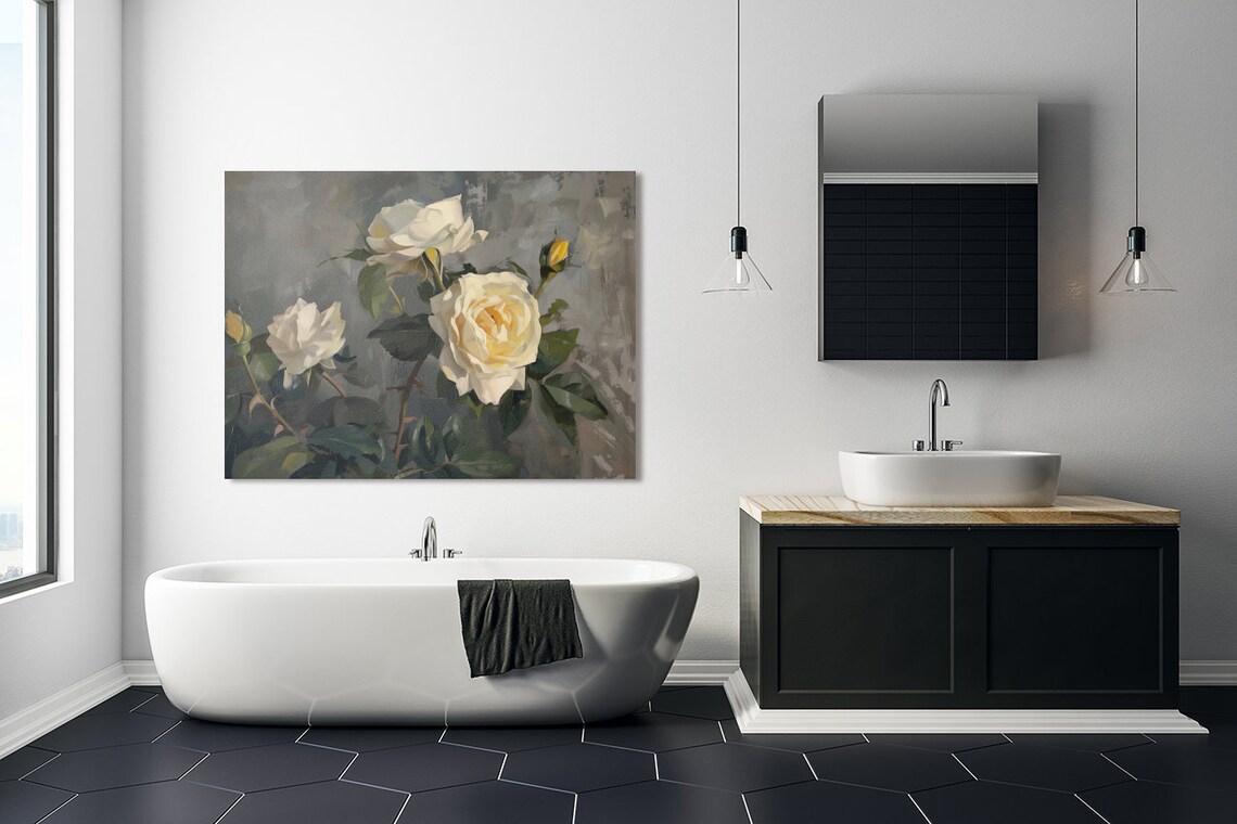 White Roses On Dark Gray Elegant Vintage Floral Oil Painting Poster - Image 4