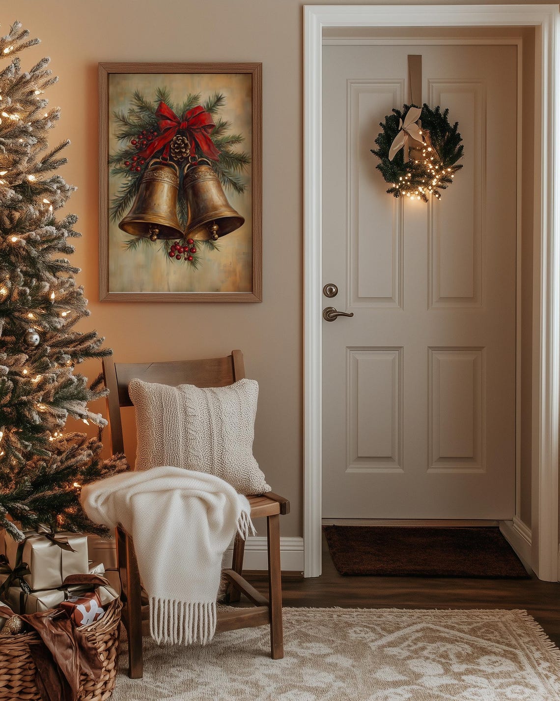 Antique Brass Christmas Bells with Red Bow Pine Berries Poster - Image 5