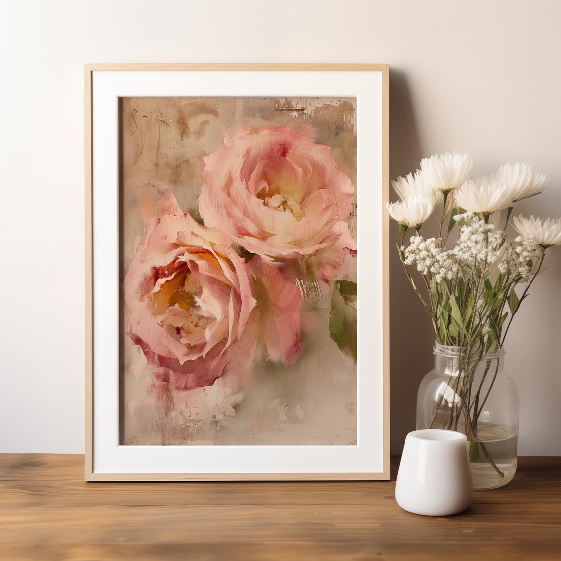 Two Blush Pink Roses Impressionistic Floral Painting Vintage Poster - Image 4