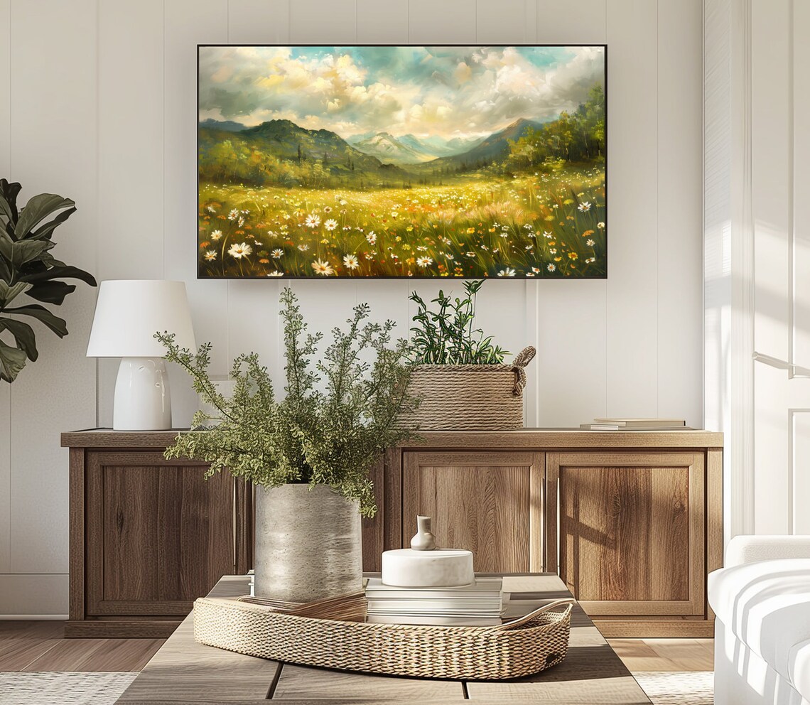 Wild Daisy Meadow Mountain Landscape Golden Vintage Oil Poster - Image 3