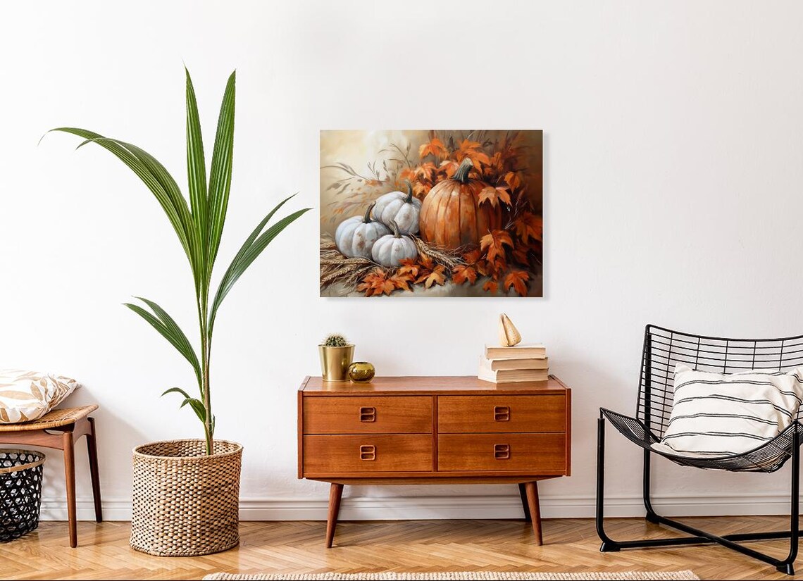 White and Orange Pumpkins with Autumn Leaves Vintage Style Poster - Image 4