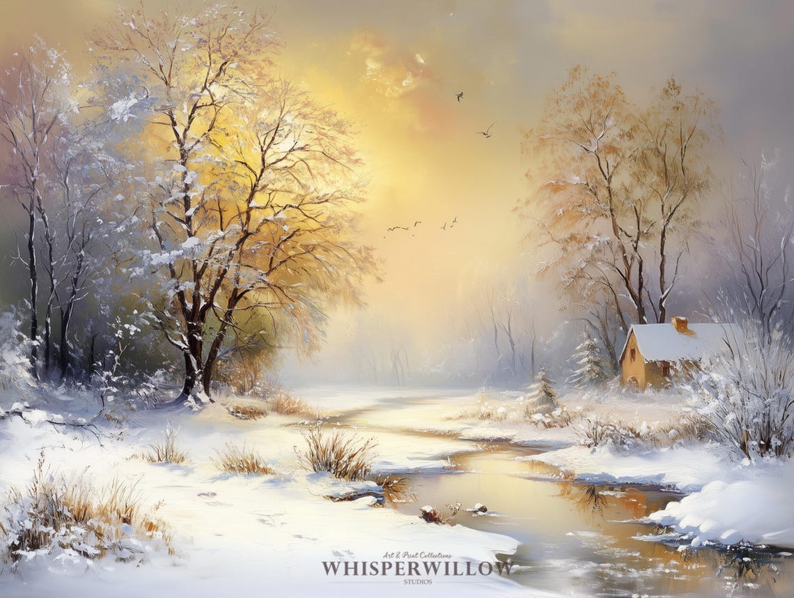 Winter Sunrise Glowing Over Snow Covered Stream and Cabin Poster - Image 6