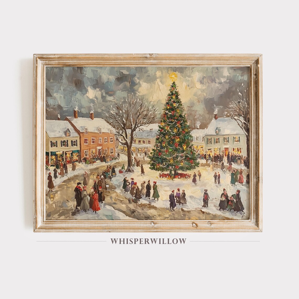 Vintage Winter Village Scene, Christmas Tree Travel Poster