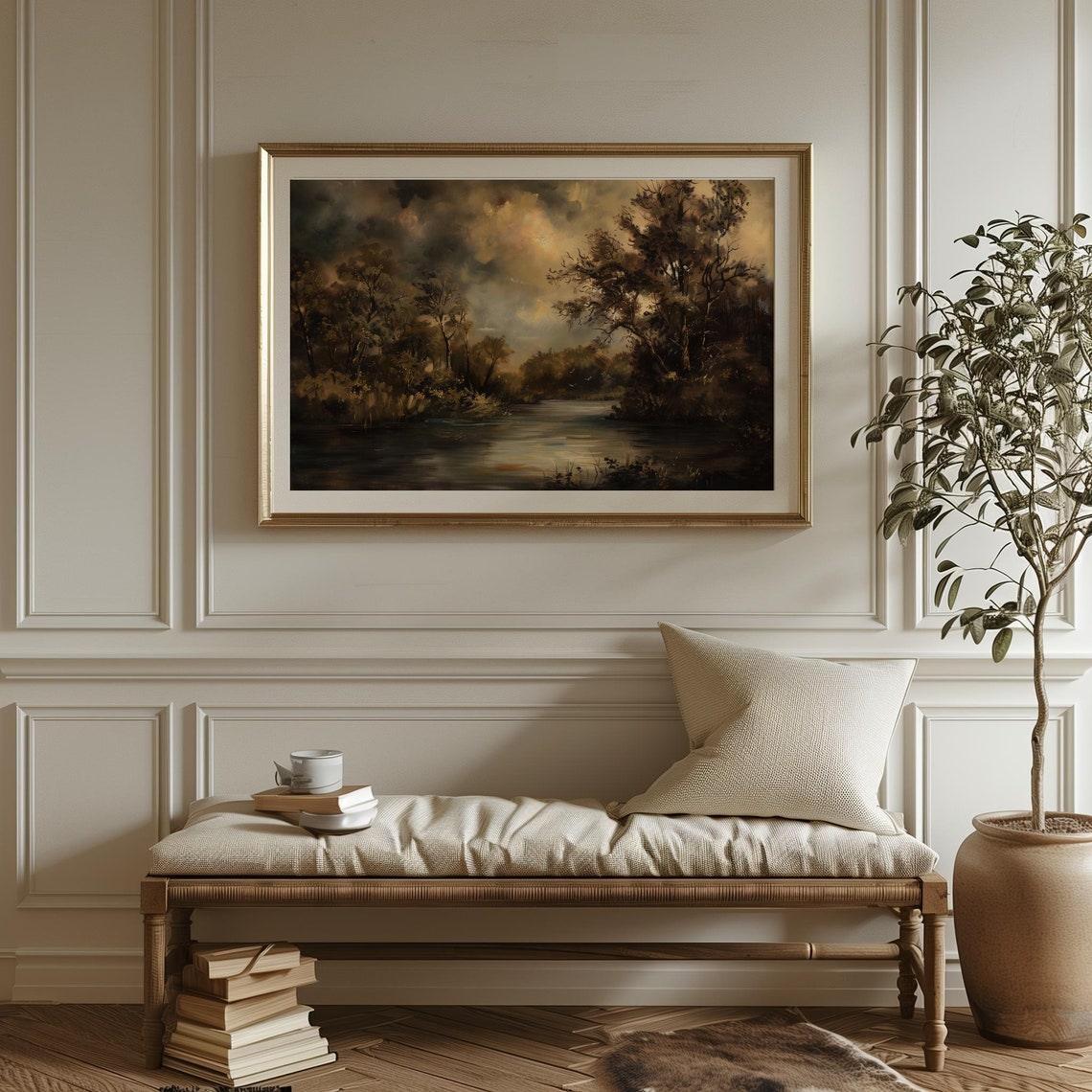 Moody Vintage River Oil Painting Print Scenic Outdoors River Trees With Sunlight Wall Decor Instant Print - Image 3