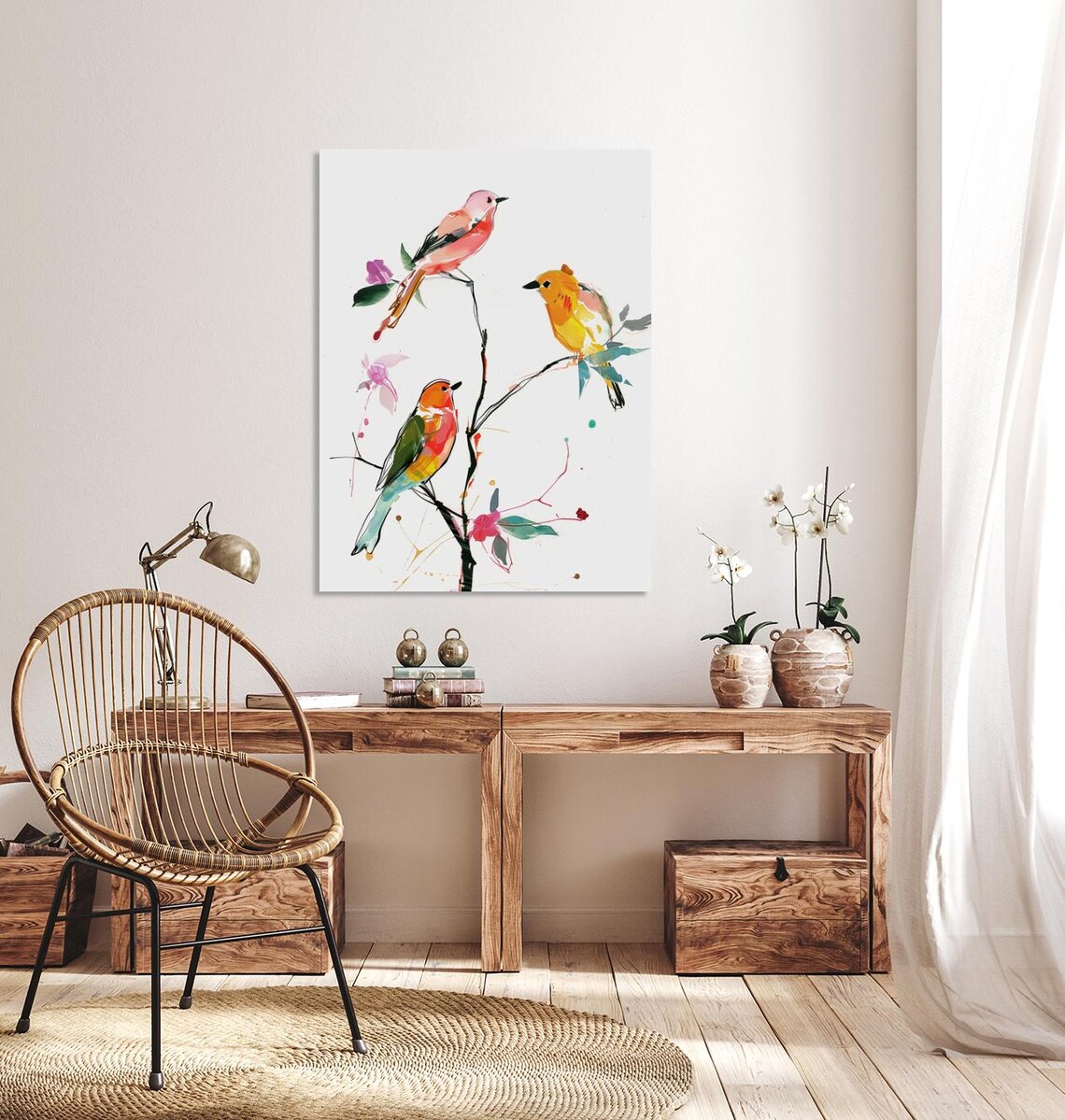 Colorful Songbirds Watercolor Painting Three Birds Branch Art Poster - Image 2