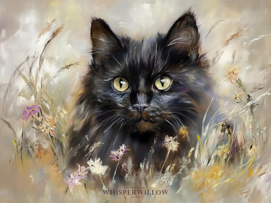 Fluffy Black Cat Portrait Among Wildflowers Oil Painting Poster - Image 6