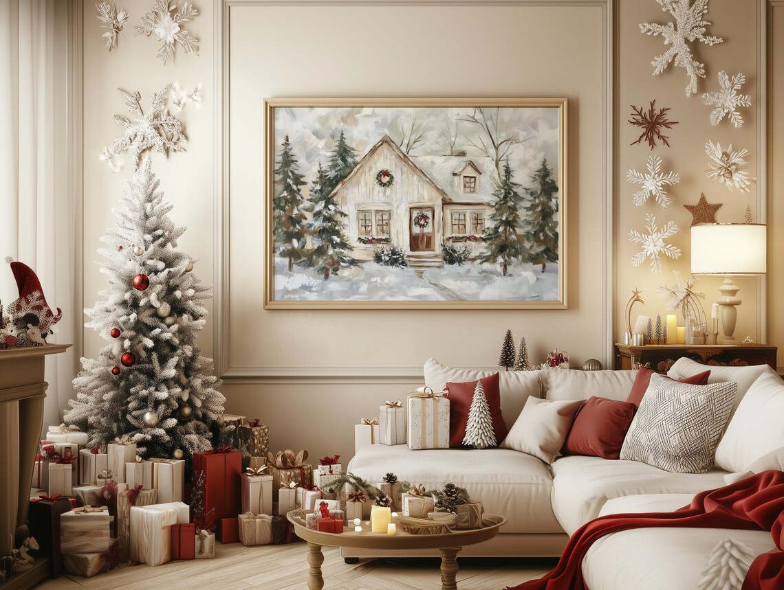 Cozy White Christmas Cottage with Wreaths in Soft Snow Poster - Image 3