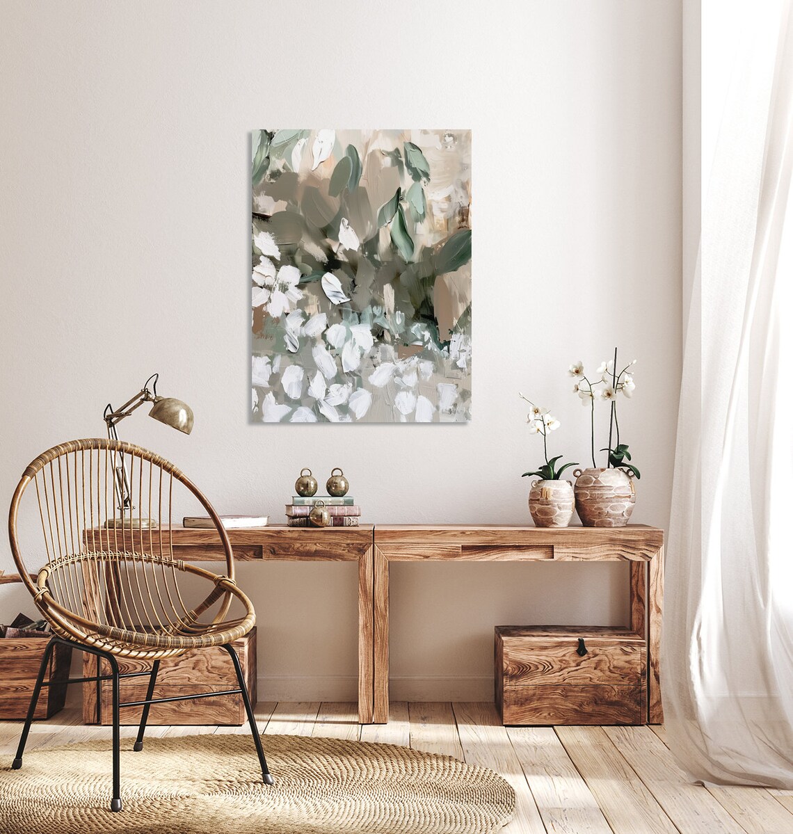 Abstract White Blossoms In Sage And Beige Modern Floral Art Poster - Image 3