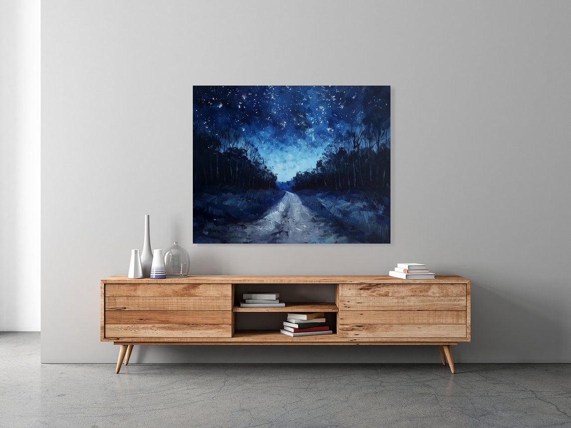 Moonlit Snowy Country Road Winding Under Starry Winter Sky Poster - Image 4