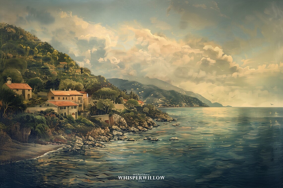 Mediterranean Coastal Village at Golden Hour Painting Poster - Image 6