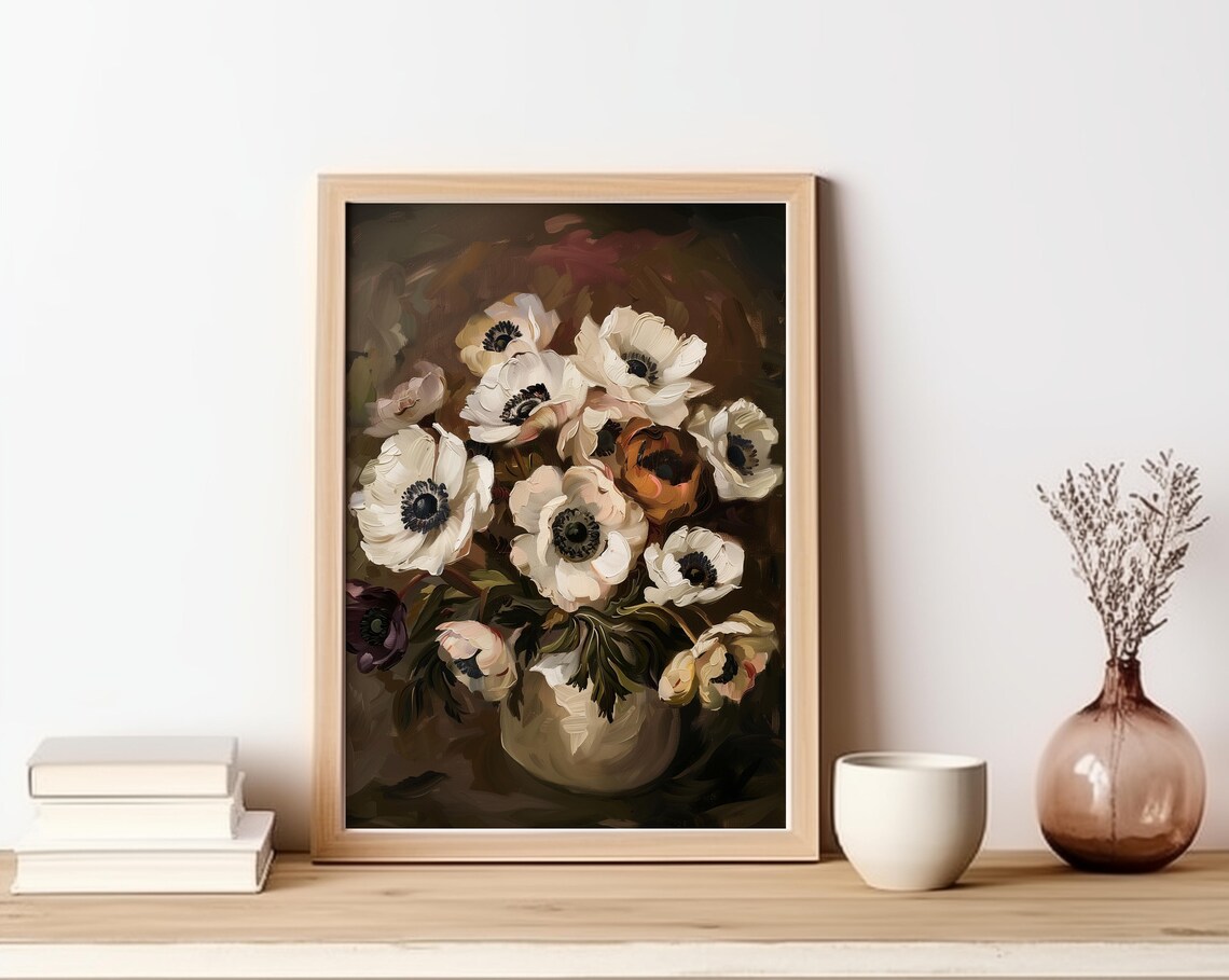White Anemone Bouquet In Vase Dark Moody Floral Oil Painting Poster - Image 3