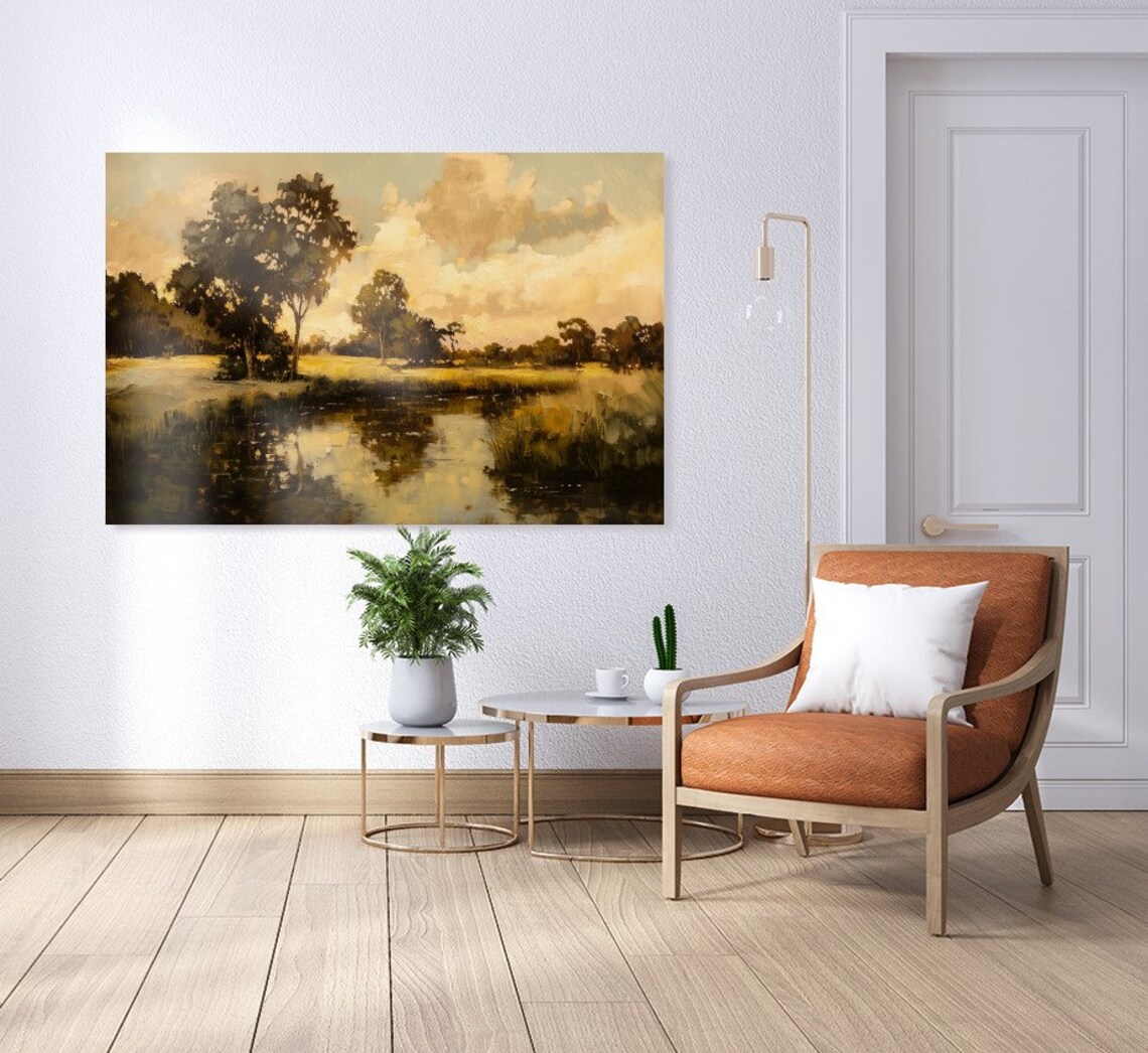 Golden River Sunset With Trees Vintage Landscape Oil Painting Poster - Image 3