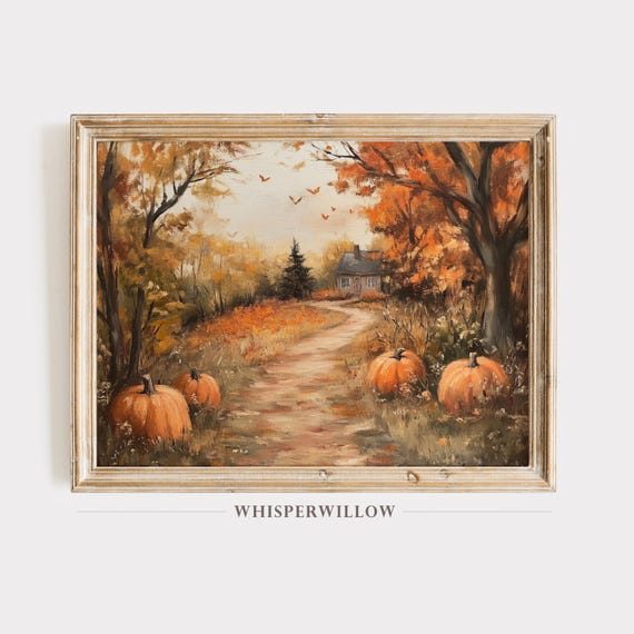 Autumn Pathway With Pumpkins, Fall Art Print