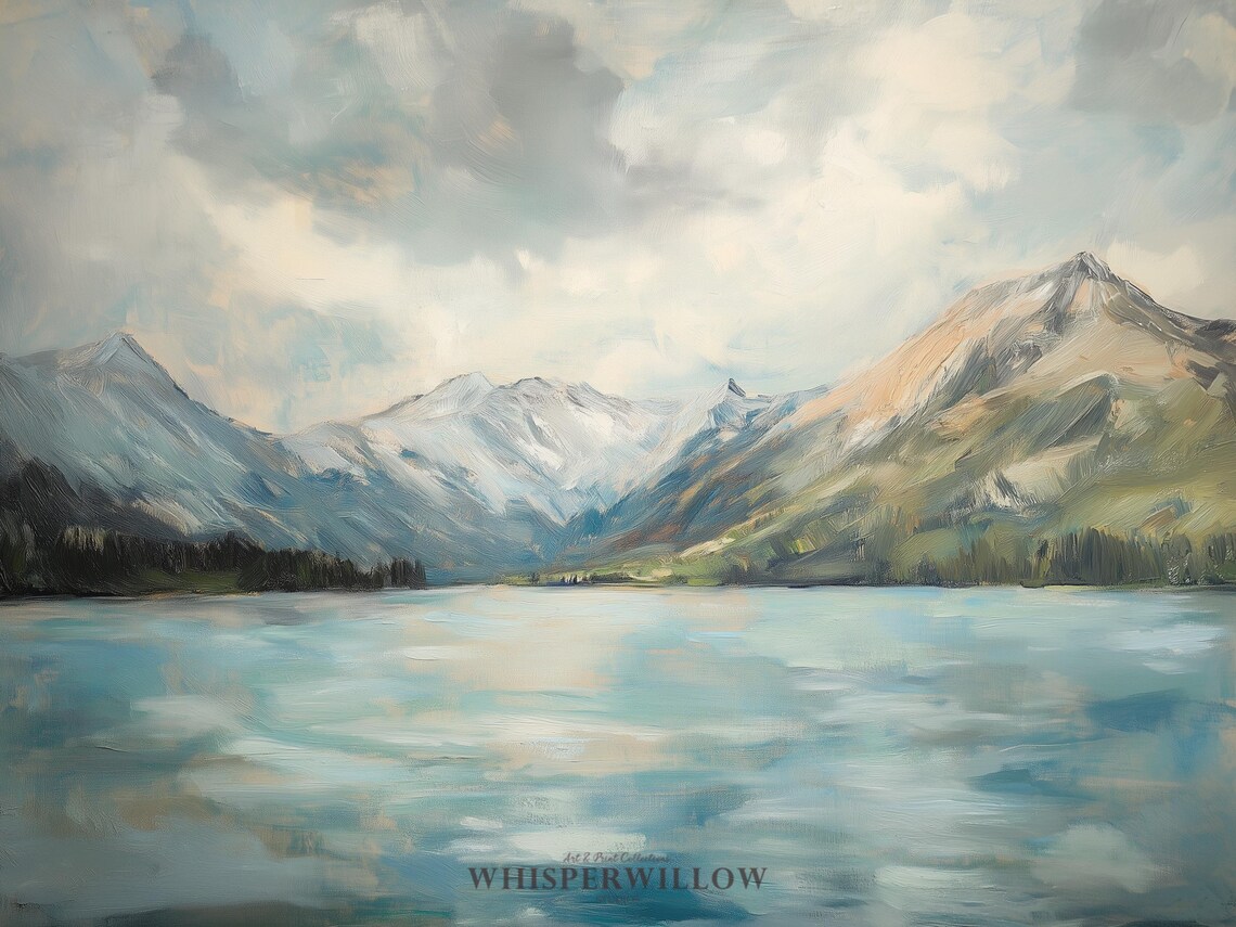 Snow Capped Mountains Over a Calm Blue Lake Painting Art Poster - Image 6