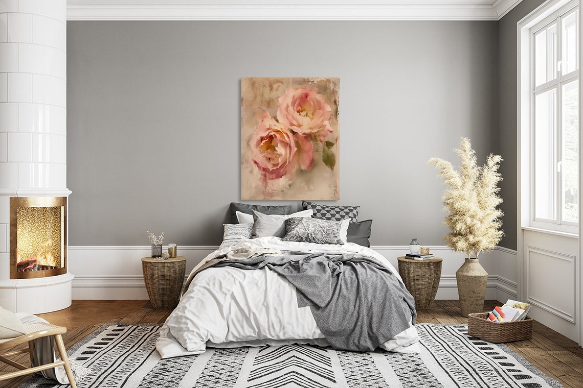 Two Blush Pink Roses Impressionistic Floral Painting Vintage Poster - Image 2