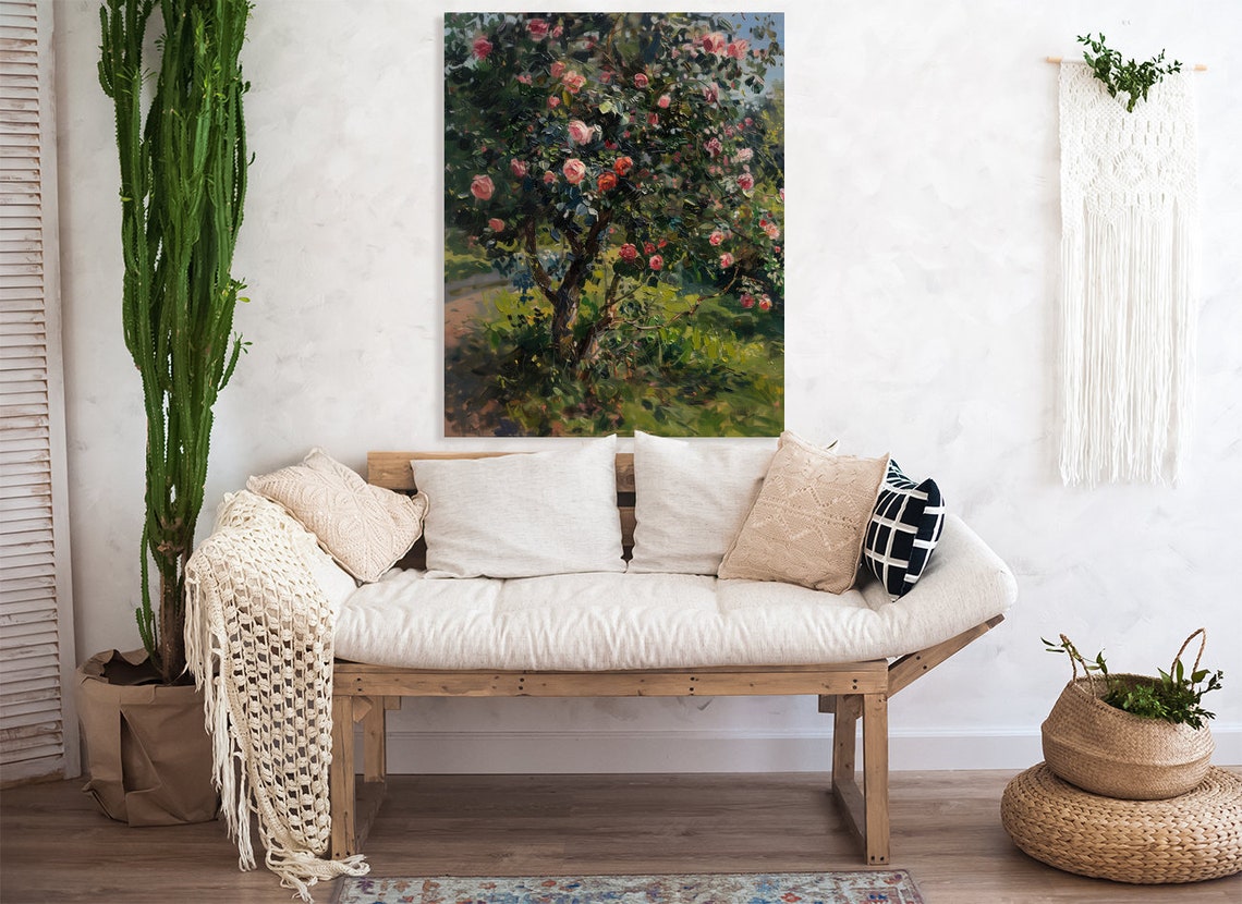 Blooming Pink Rose Bush In Sunlit Garden Impressionist Art Poster - Image 4