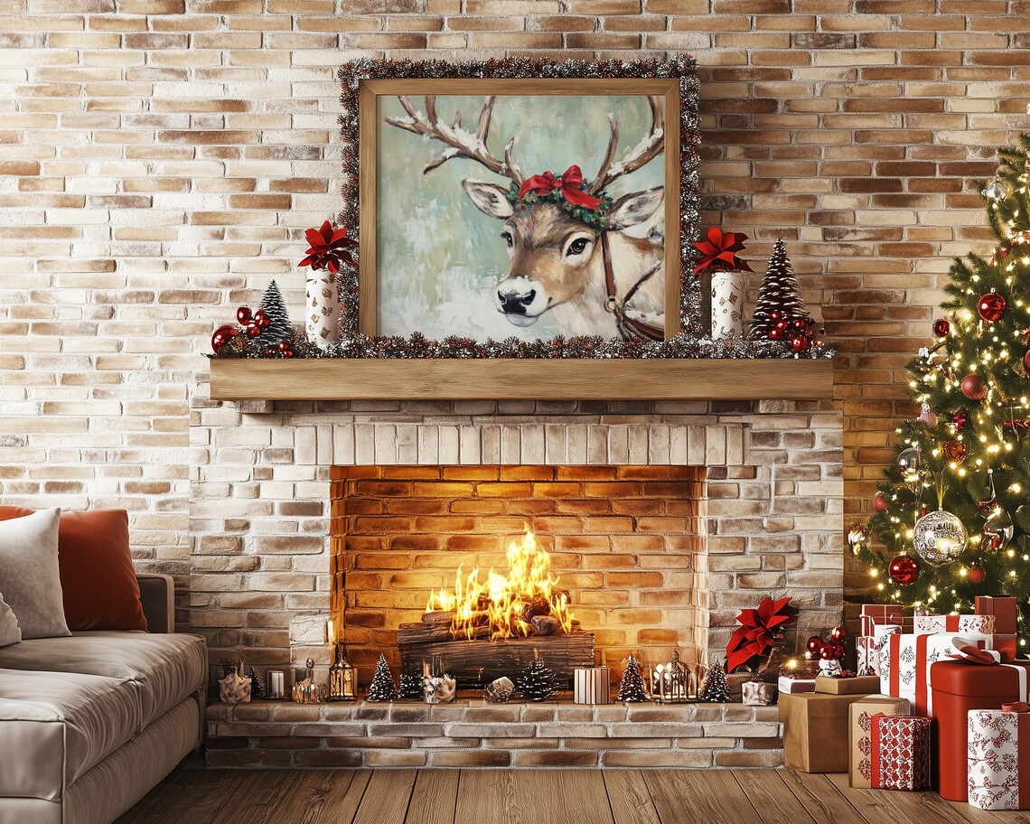 Reindeer Portrait with Red Bow Wreath Snowy Christmas Painting Poster - Image 4