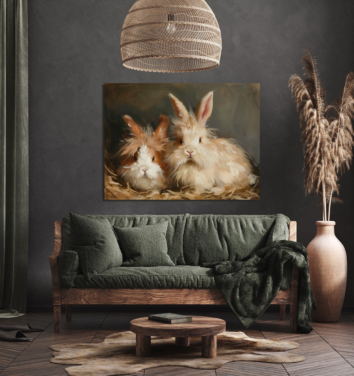 Two Fluffy Angora Rabbits In Hay Vintage Animal Oil Painting Poster - Image 4