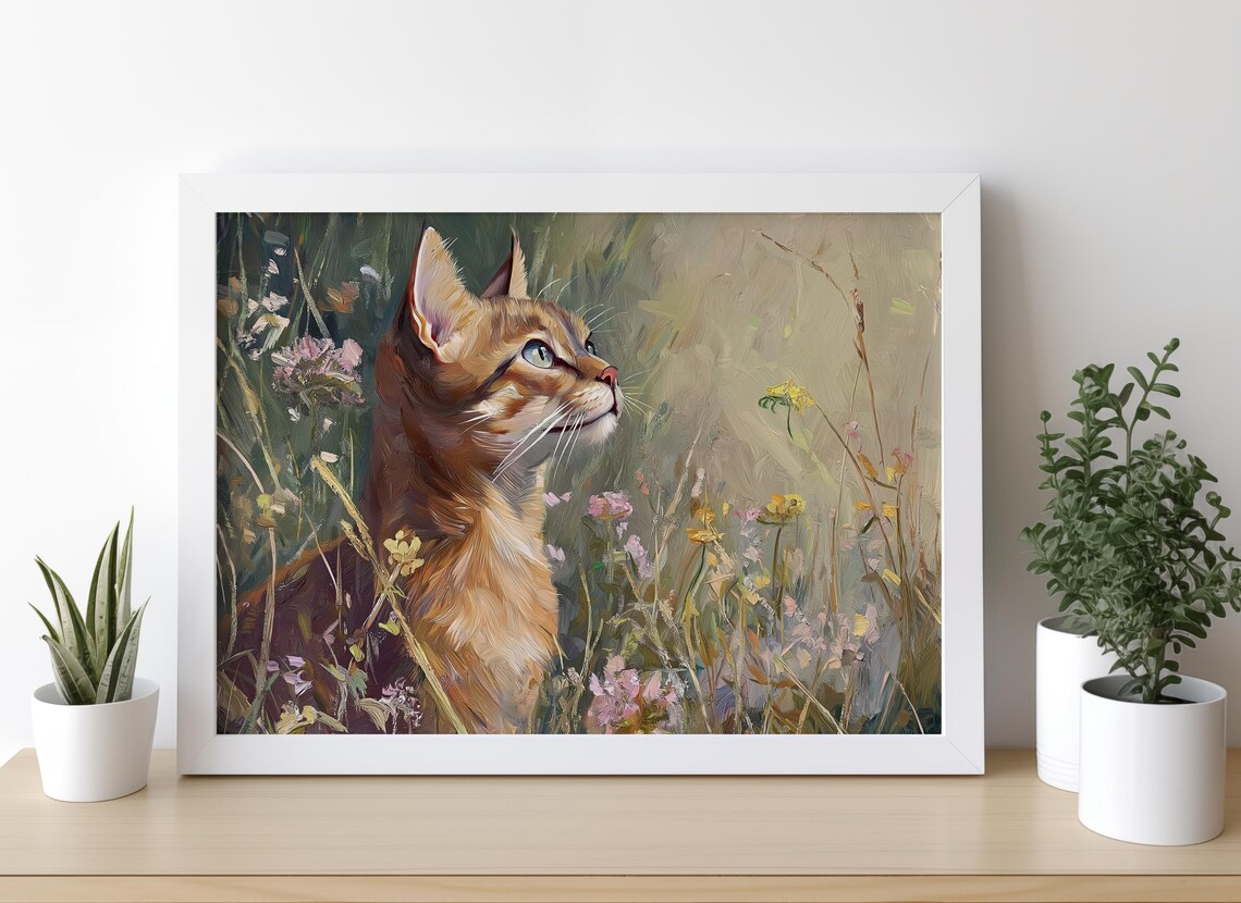 Abyssinian Cat Gazing Upward Wildflower Meadow Side Profile Painting Poster - Image 2