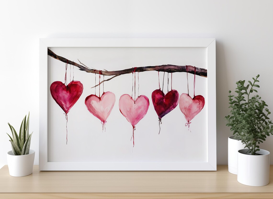 Pink and Red Watercolor Heart Balloons Hanging on Branch Poster - Image 3