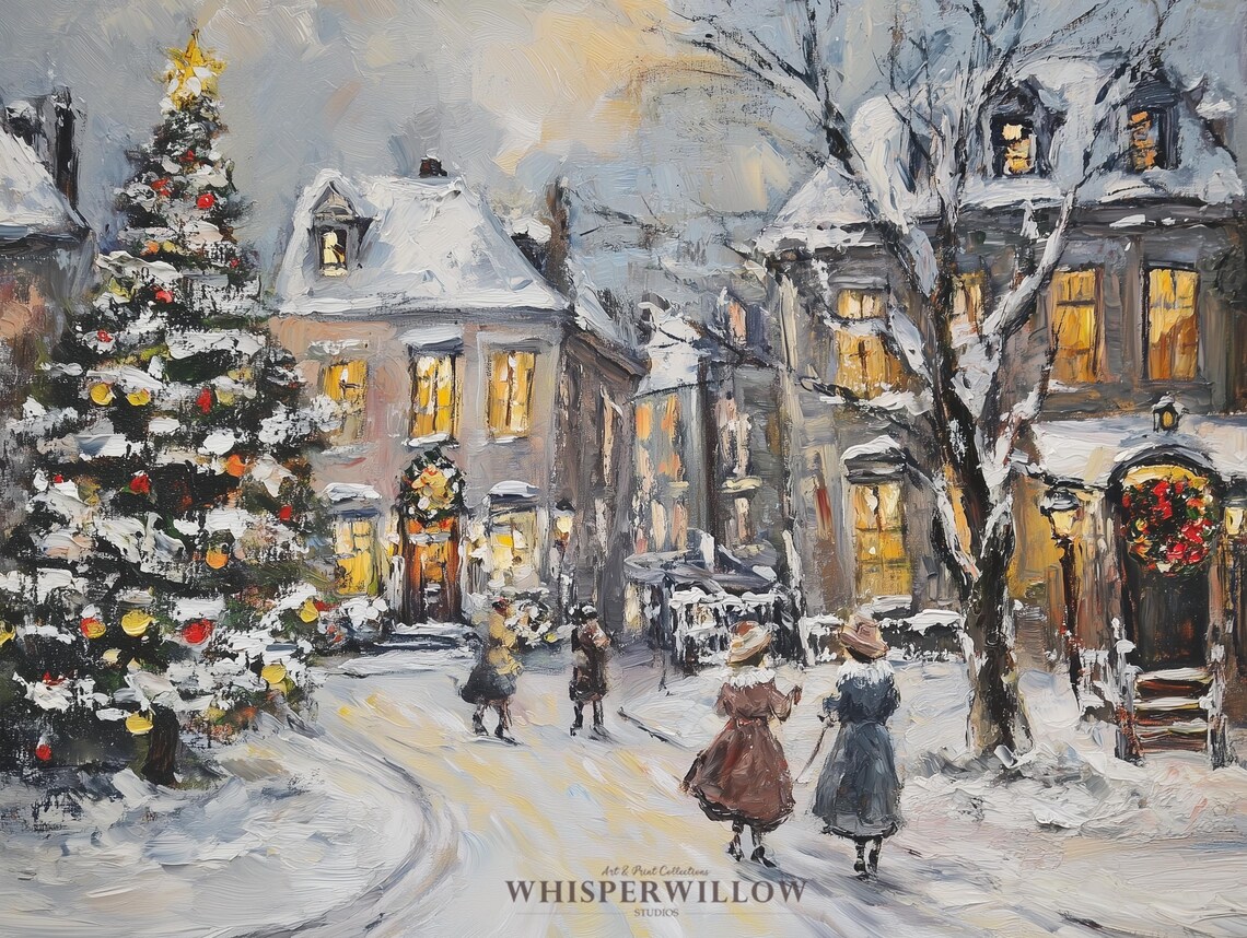 Snowy Christmas Village Street with Carolers Vintage Painting Poster - Image 6