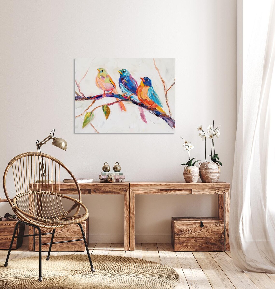 Colorful Birds On A Branch, Abstract Wildlife Art Print - Image 2