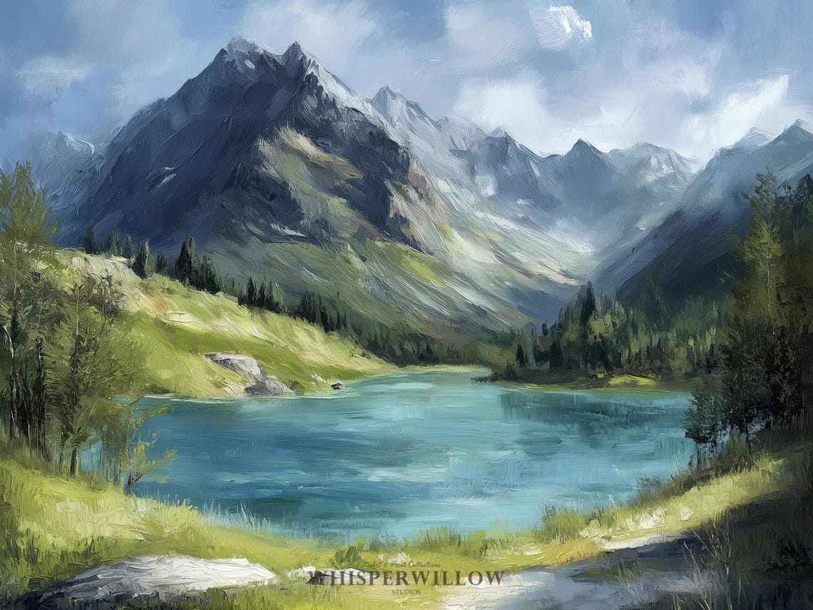 Turquoise Mountain Lake Beneath Towering Peaks Oil Painting Poster - Image 6