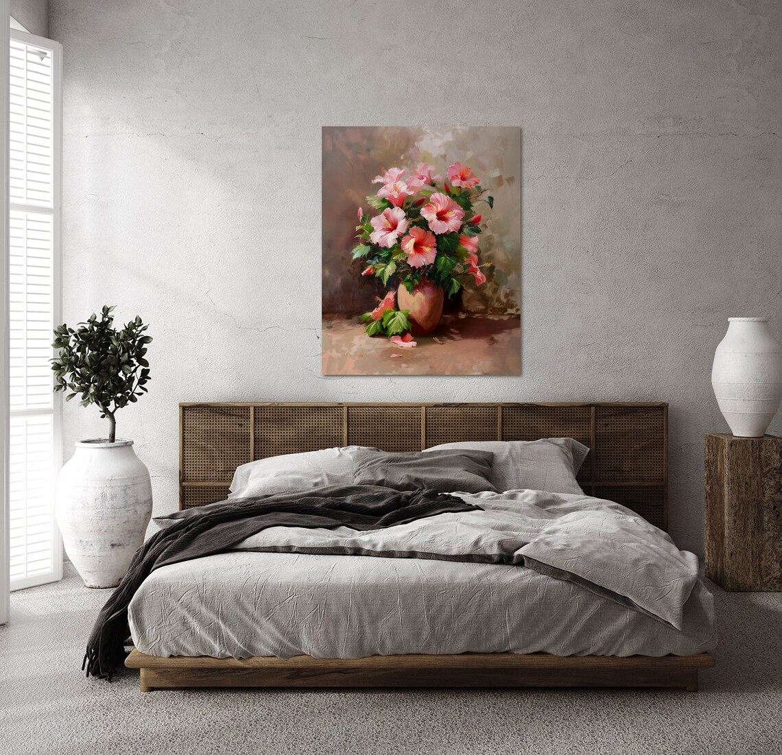 Pink Hibiscus Blooming in Vase Vintage Style Floral Painting Poster - Image 3