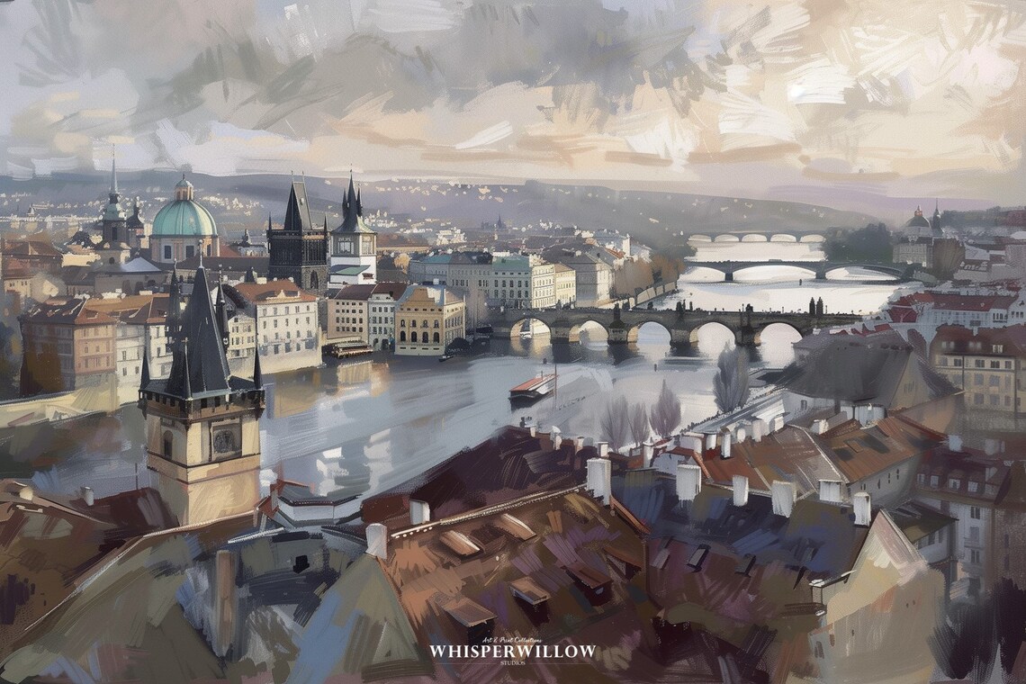 European Cityscape with River Bridges Spires Vintage Painting Poster - Image 6