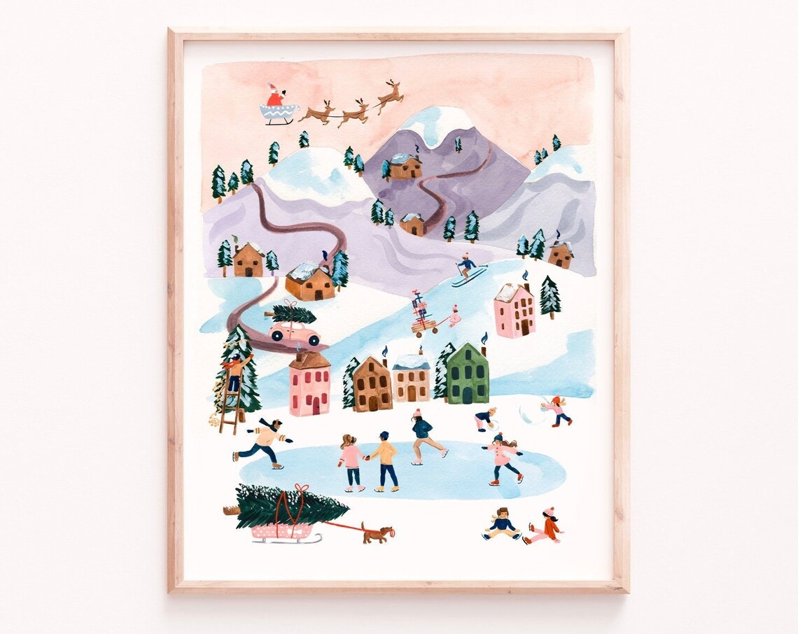 Christmas Village Holiday Watercolor Gouache Art Print