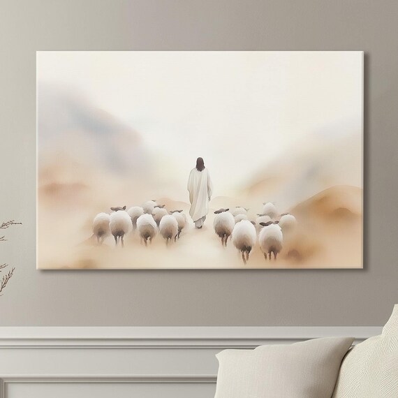 Jesus Walking With Sheep Flock In Misty Minimalist Watercolor Poster