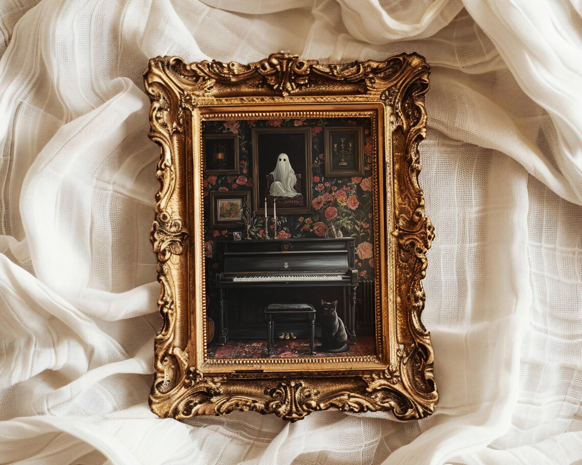 Black Cat by Upright Piano in Gothic Floral Parlor Whimsigoth Poster - Image 4