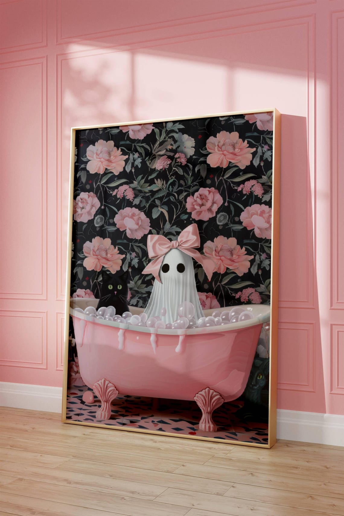 Ghost With a Pink Bow and Black Cat in a Pink Bubble Bath Poster - Image 6